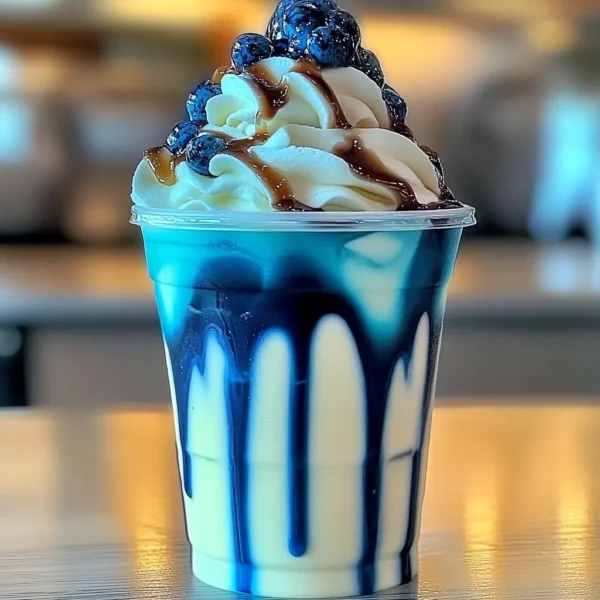 Irresistible Vanilla Bean Frappuccino with Blue Raspberry Drizzle