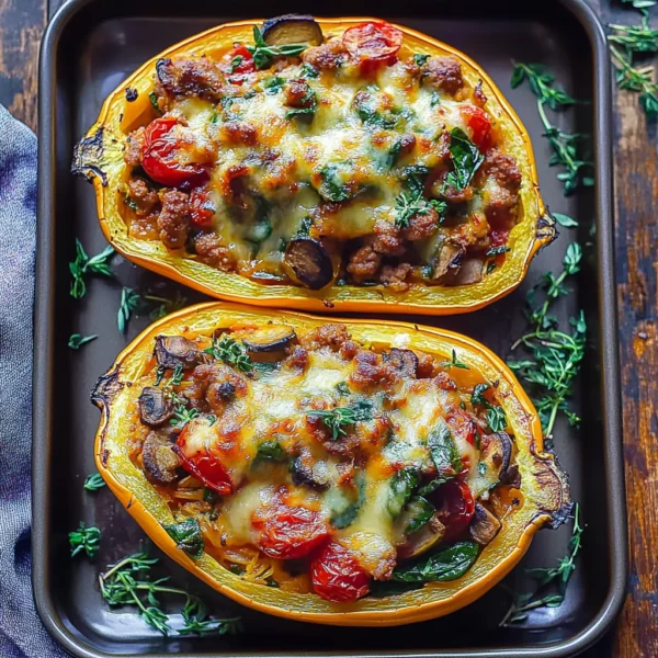 Italian Sausage Stuffed Spaghetti Squash with Spinach, Tomatoes, and Mushrooms