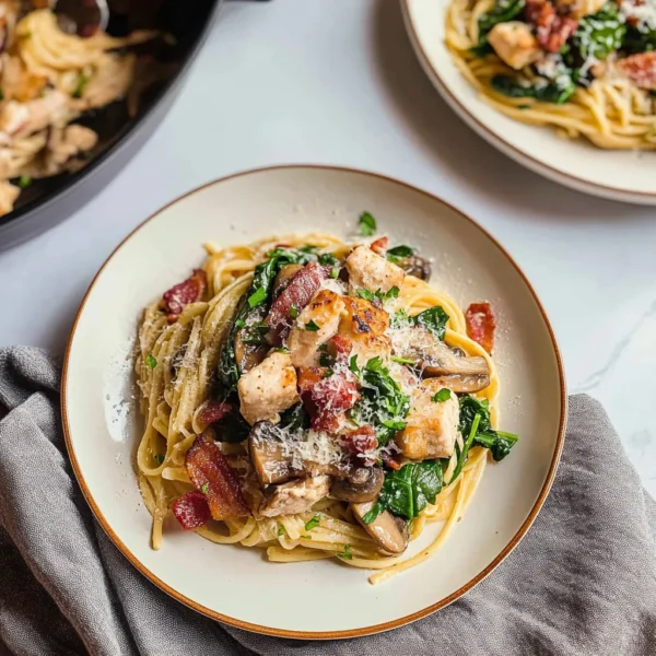 Chicken Bacon Mushroom Pasta with Spinach