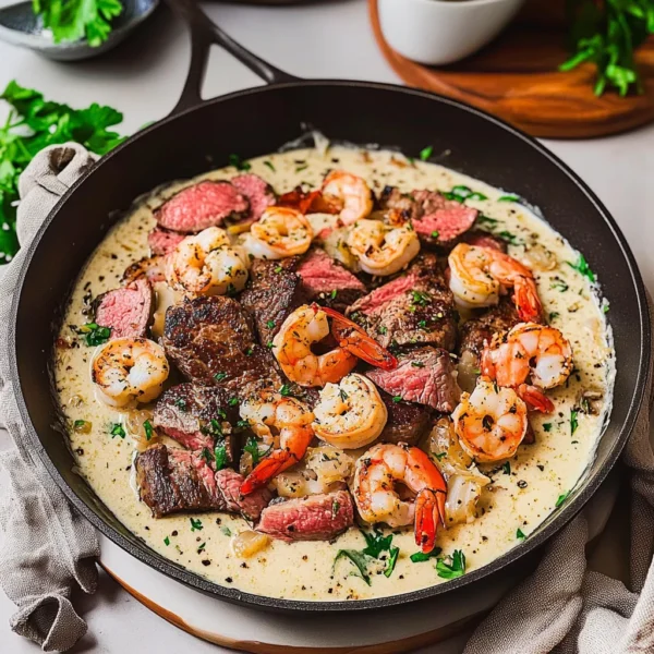 Steak and Seafood Skillet with Parmesan Cream Sauce