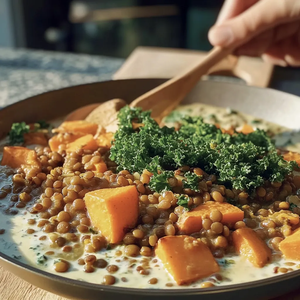 One Pan Creamy Lentils, Japanese Sweet Potatoes, + Kale