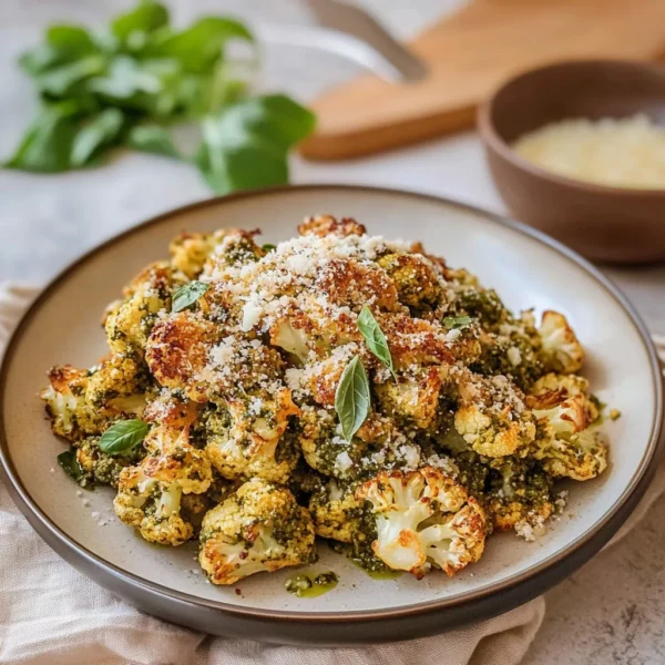 Pesto Cauliflower with Crispy Parmesan