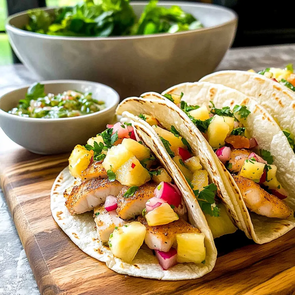 GRILLED FISH TACOS WITH PINEAPPLE RHUBARB SALSA